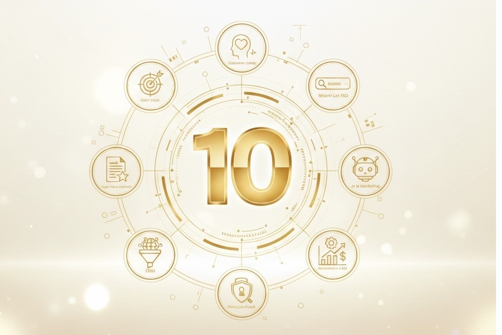 Overview of the 10 Golden Rules of Digital Marketing in 2026 covering SEO, AI, conversion optimisation and performance growth.
