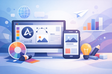 Graphic design workspace with creative branding visuals