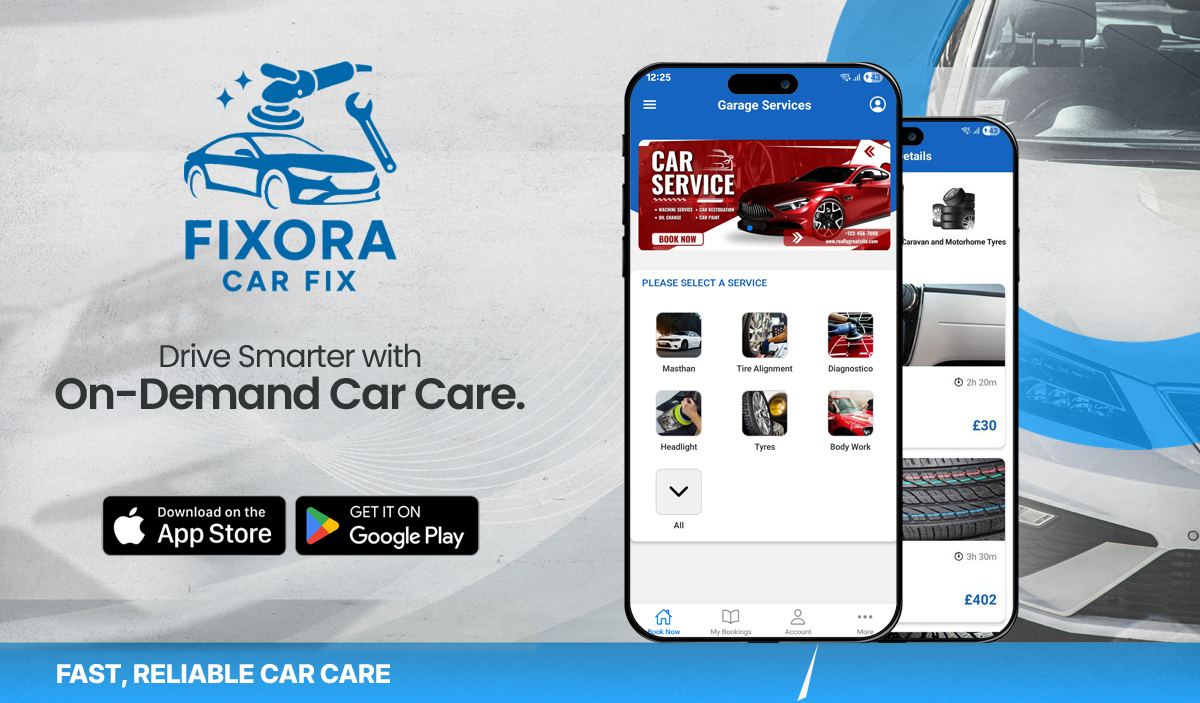 Promotional banner featuring a sleek blue car and a tagline for an on-demand car care app created by an app developer, highlighting easy scheduling, repair tracking, and hassle-free maintenance.