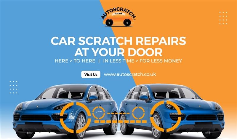 Car scratch repair website development banner showing cars with scratch removal promotion