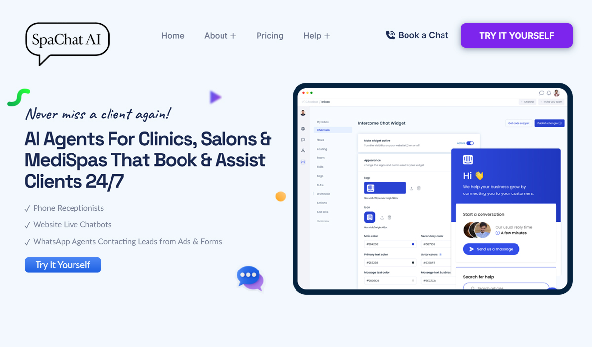 SpaChat AI website design showcasing AI receptionists, chatbots and WhatsApp automation platform