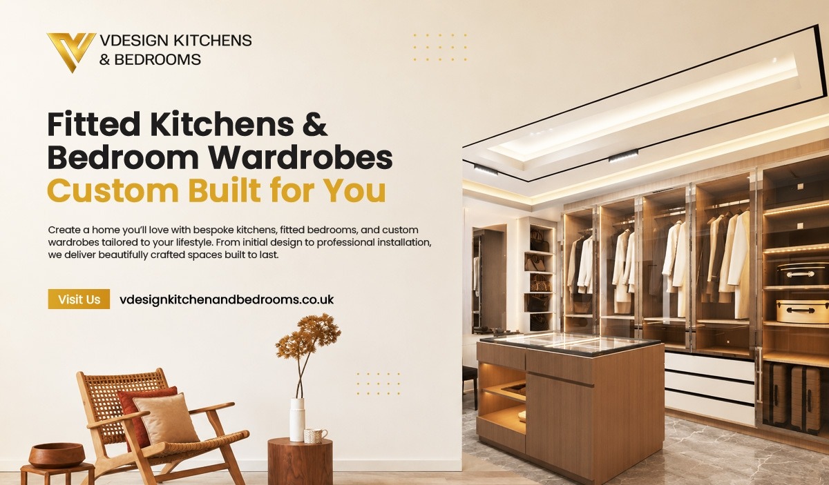Luxury WordPress website designed by V1 Technologies for V Design Kitchen & Bedrooms showcasing bespoke kitchens, fitted wardrobes and bedroom furniture with premium UI design.